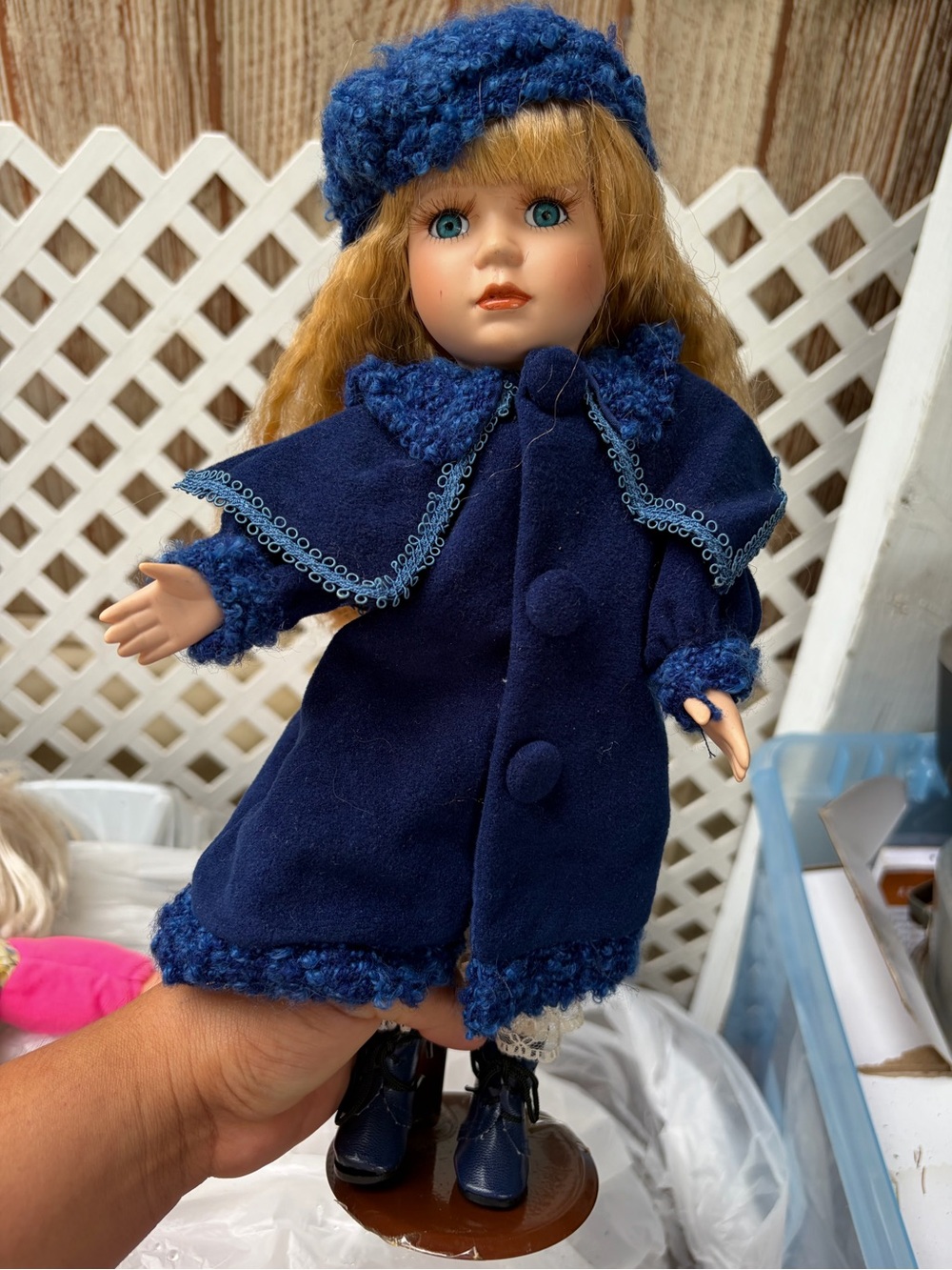 Classic Blue Coat Porcelain Doll with Matching Hat